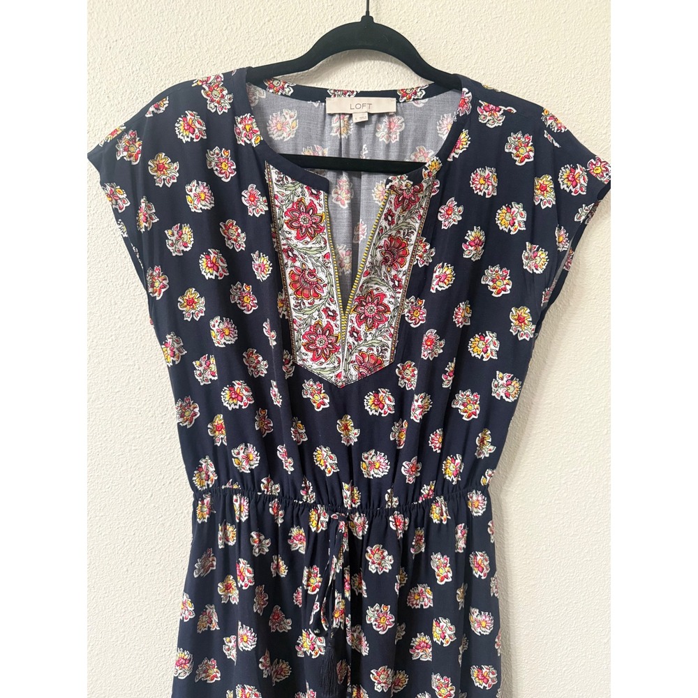 LOFT Womens Navy Blue Floral Boho Midi Dress Cap Sleeve Tassel Waist Small - Picture 3 of 11
